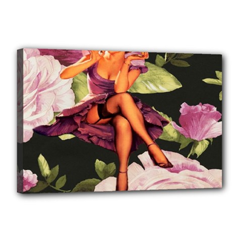 Cute Gil Elvgren Purple Dress Pin Up Girl Pink Rose Floral Art Canvas 18  X 12  (framed) by chicelegantboutique