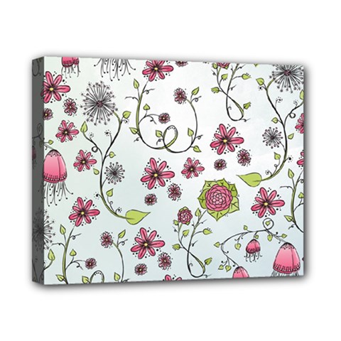 Pink Whimsical Flowers On Blue Canvas 10  X 8  (framed) by Zandiepants