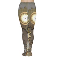 Steampunk, Golden Design With Clocks And Gears Women s Tights by FantasyWorld7