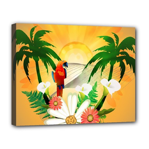 Cute Parrot With Flowers And Palm Canvas 14  X 11  by FantasyWorld7