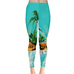 Surfboard With Palm And Flowers Women s Leggings by FantasyWorld7