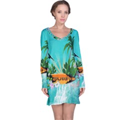 Surfboard With Palm And Flowers Long Sleeve Nightdresses by FantasyWorld7