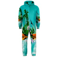 Surfboard With Palm And Flowers Hooded Jumpsuit (men)  by FantasyWorld7