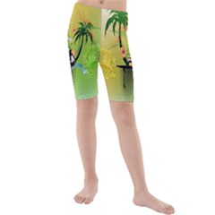 Surfing, Surfboarder With Palm And Flowers And Decorative Floral Elements Kid s Swimwear by FantasyWorld7