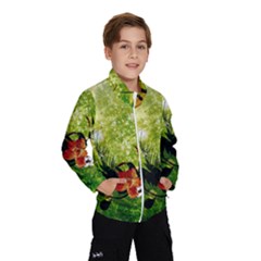 Awesome Flowers And Lleaves With Dragonflies On Red Green Background With Grunge Wind Breaker (kids) by FantasyWorld7