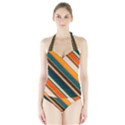 Diagonal stripes in retro colors Women s Halter One Piece Swimsuit View1