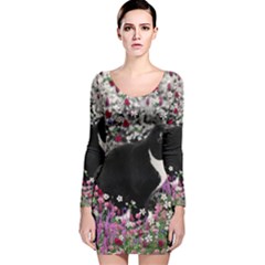 Freckles In Flowers Ii, Black White Tux Cat Long Sleeve Velvet Bodycon Dress by DianeClancy