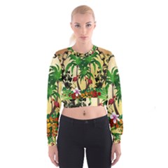 Tropical Design With Flamingo And Palm Tree Women s Cropped Sweatshirt by FantasyWorld7