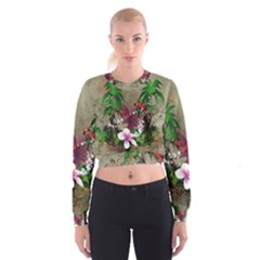 Wonderful Tropical Design With Palm And Flamingo Women s Cropped Sweatshirt by FantasyWorld7