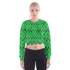 Green Wavy Squiggles Women s Cropped Sweatshirt by BrightVibesDesign