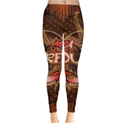 Surfing, Surfboard With Floral Elements  And Grunge In Red, Black Colors Leggings  by FantasyWorld7