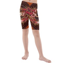 Surfing, Surfboard With Floral Elements  And Grunge In Red, Black Colors Kid s Mid Length Swim Shorts by FantasyWorld7