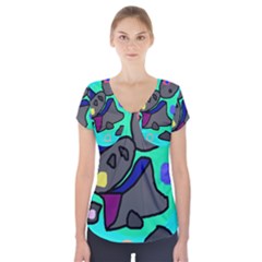 Blue Comic Abstract Short Sleeve Front Detail Top by Valentinaart