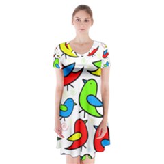 Colorful Cute Birds Pattern Short Sleeve V-neck Flare Dress by Valentinaart