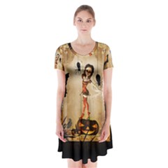 Halloween, Cute Girl With Pumpkin And Spiders Short Sleeve V-neck Flare Dress by FantasyWorld7