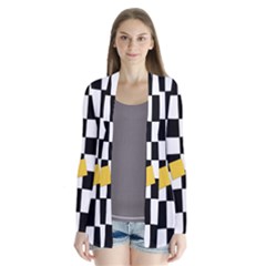 Dropout Yellow Black And White Distorted Check Drape Collar Cardigan by designworld65