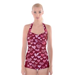 Watercolor Valentine s Day Hearts Boyleg Halter Swimsuit  by BubbSnugg