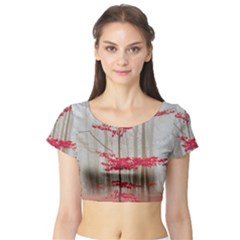 Magic Forest In Red And White Short Sleeve Crop Top (tight Fit) by wsfcow