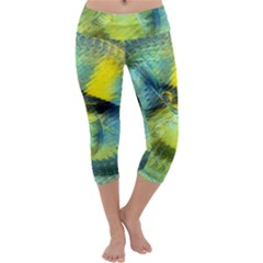 Light Blue Yellow Abstract Fractal Capri Yoga Leggings by designworld65