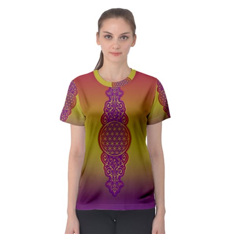 Flower Of Life Vintage Gold Ornaments Red Purple Olive Women s Sport Mesh Tee by EDDArt