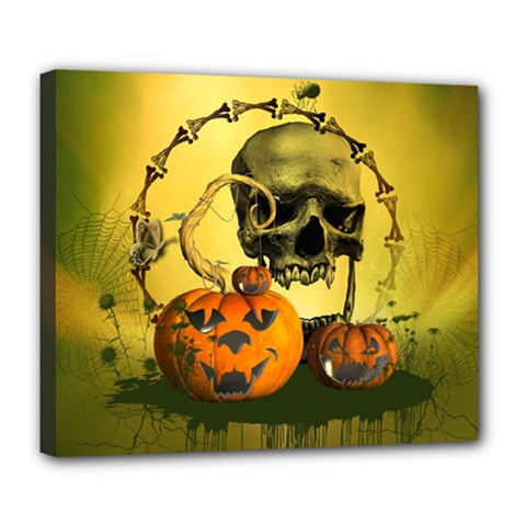 Halloween, Funny Pumpkins And Skull With Spider Deluxe Canvas 24  X 20   by FantasyWorld7