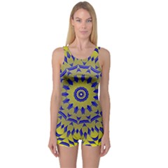 Yellow Blue Gold Mandala One Piece Boyleg Swimsuit by designworld65