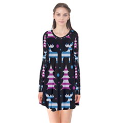 Blue And Pink Reindeer Pattern Flare Dress by Valentinaart