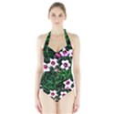 Pink Flowers Over A Green Grass Halter Swimsuit View1