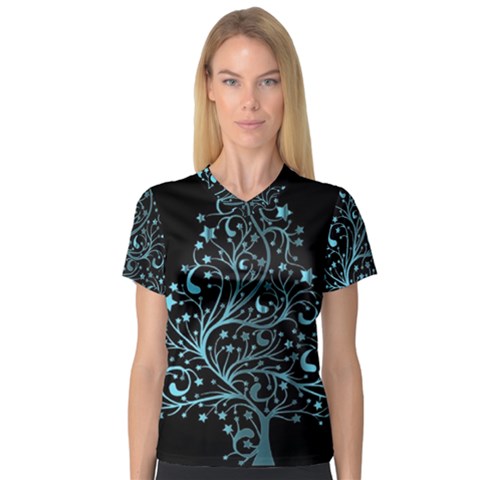 Elegant Blue Christmas Tree Black Background Women s V-neck Sport Mesh Tee by yoursparklingshop