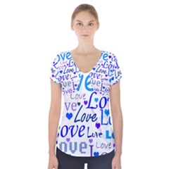 Blue And Purple Love Pattern Short Sleeve Front Detail Top by Valentinaart