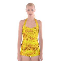 Yellow Abstract Background Boyleg Halter Swimsuit  by Amaryn4rt