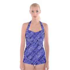 Texture Blue Neon Brick Diagonal Boyleg Halter Swimsuit  by Amaryn4rt