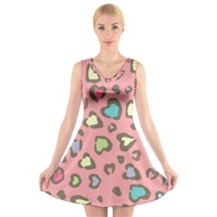 Rainbow Leopard Styled Hearts  V-neck Sleeveless Skater Dress by Brittlevirginclothing