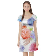 Watercolor Colorful Roses Short Sleeve Skater Dress by Brittlevirginclothing