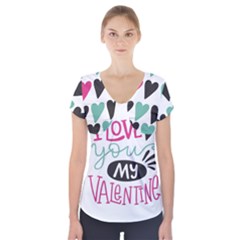 I Love You My Valentine / Our Two Hearts Pattern (white) Short Sleeve Front Detail Top by FashionFling