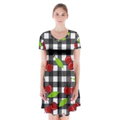 Cherries Plaid Pattern  Short Sleeve V-neck Flare Dress by Valentinaart