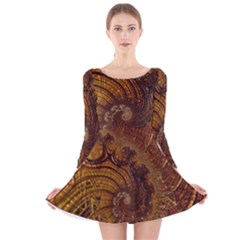 Copper Caramel Swirls Abstract Art Long Sleeve Velvet Skater Dress by Amaryn4rt