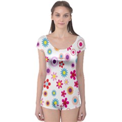 Colorful Floral Flowers Pattern Boyleg Leotard  by Simbadda