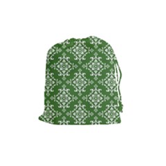 St Patrick S Day Damask Vintage Green Background Pattern Drawstring Pouches (medium)  by Simbadda