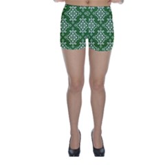 St Patrick S Day Damask Vintage Green Background Pattern Skinny Shorts by Simbadda