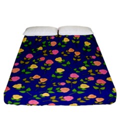 Flowers Roses Floral Flowery Blue Background Fitted Sheet (california King Size) by Simbadda