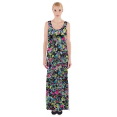 Neon Floral Print Silver Spandex Maxi Thigh Split Dress by Simbadda