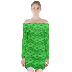 Shamrocks 3d Fabric 4 Leaf Clover Long Sleeve Off Shoulder Dress by Simbadda