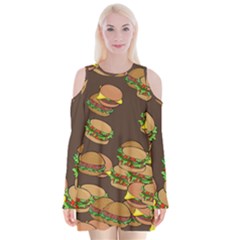 A Fun Cartoon Cheese Burger Tiling Pattern Velvet Long Sleeve Shoulder Cutout Dress by Simbadda