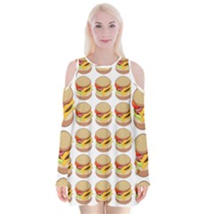 Hamburger Pattern Velvet Long Sleeve Shoulder Cutout Dress by Simbadda