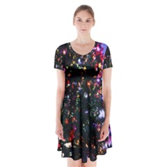 Lit Christmas Trees Prelit Creating A Colorful Pattern Short Sleeve V-neck Flare Dress by Simbadda