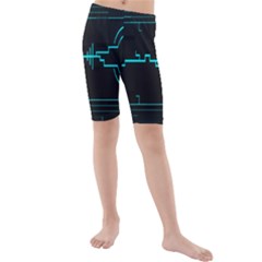 Blue Aqua Digital Art Circuitry Gray Black Artwork Abstract Geometry Kids  Mid Length Swim Shorts by Simbadda