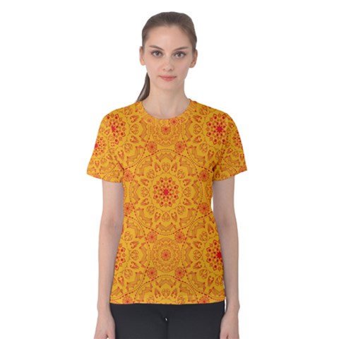 Solar Mandala  Orange Rangoli  Women s Cotton Tee by bunart