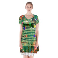 Watercolour Christmas Tree Painting Short Sleeve V-neck Flare Dress by Simbadda