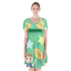 Football Kids Children Pattern Short Sleeve V-neck Flare Dress by Nexatart